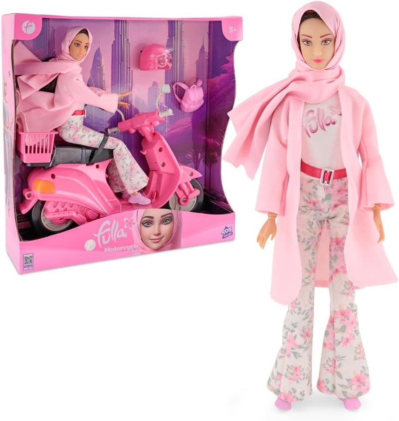 Fulla Doll with Pink Motorbike Includes Floral Pants, Jacket, Helmet and Headscarf & Fashionable Outfit with Ride-On Fun – Perfect for Role Play Adventure and Gift Giving for Kids - Image 1